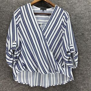 West Kei Blouse Women PS Petite White Striped V-Neck Long Sleeve Pullover Casual